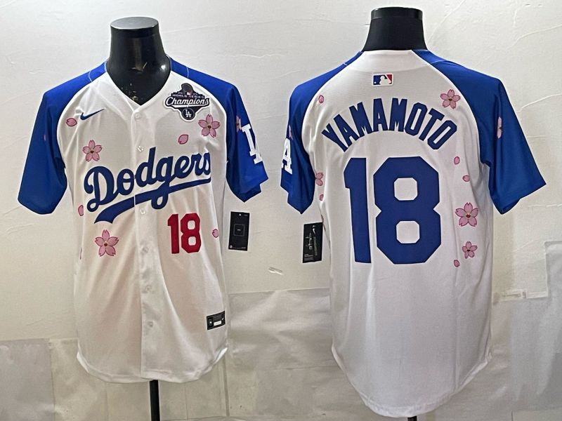 Men Nike 2026 Los Angeles Dodgers #18 Yamamoto White Blue Sakura Edition Game MLB Jersey 12087->los angeles dodgers->MLB Jersey